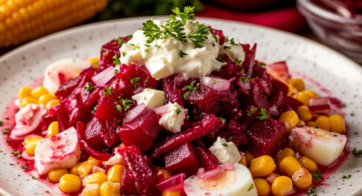 Берем свеклу и 1 банку кукурузы — а на выходе получаем очень вкусный салат "Пестринка": и на праздник, и на каждый день 