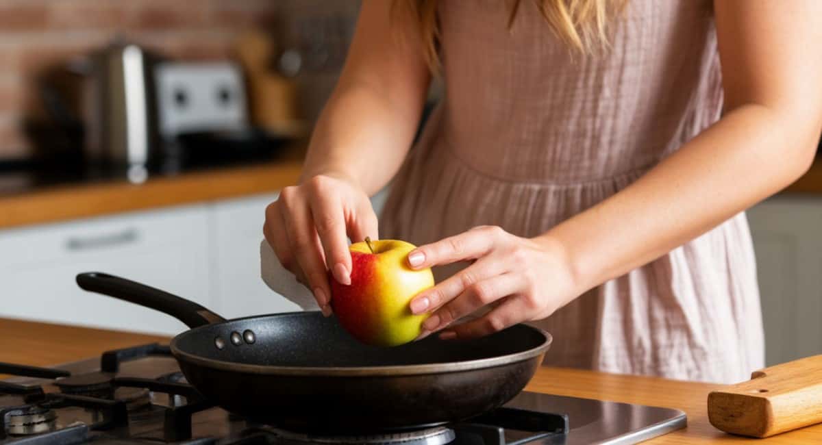 Протираю сковороду половинкой фрукта после готовки — блестит как зеркало, пригар отходит сам