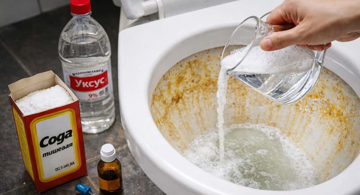 Заливаю 1 стакан в унитаз на ночь — и известковый налет исчезает сам, даже щеткой тереть не надо