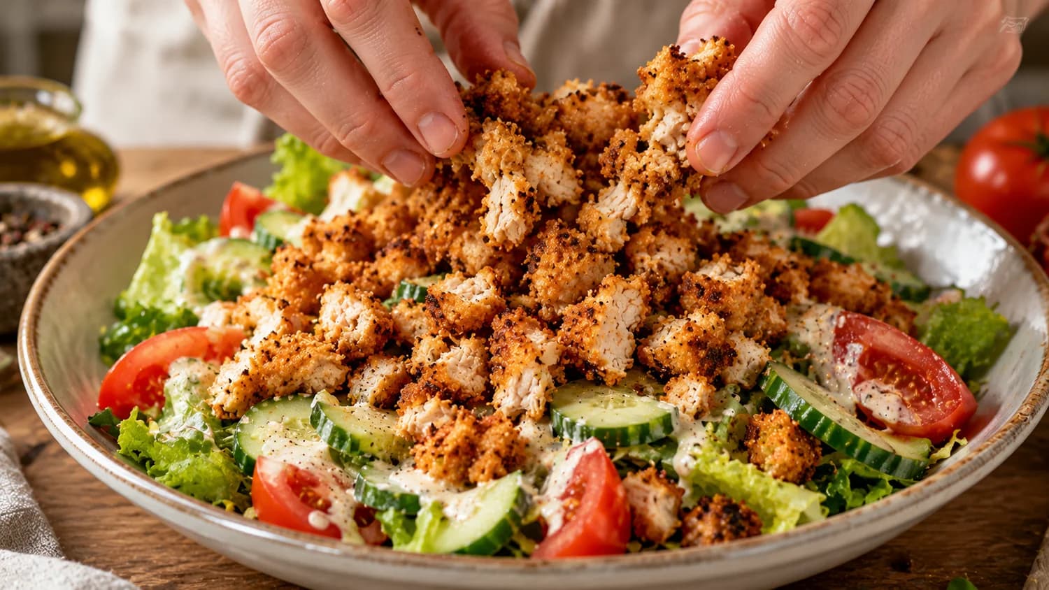 Куриное филе больше не режу обычными кусочками: делаю хрустящую крошку — салат получается совсем другим