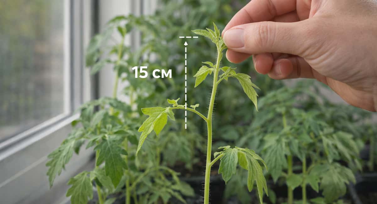 Как только рассада достигла 15 см — сразу: прищипываю точку роста — и кустики становятся пушистыми, коренастыми