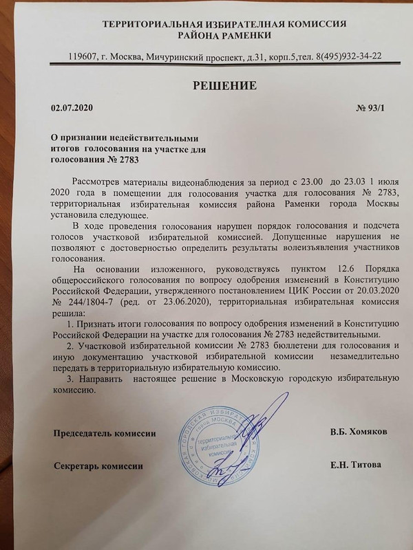 В Москве аннулировали результаты голосования на участке, где зафиксирован возможный вброс