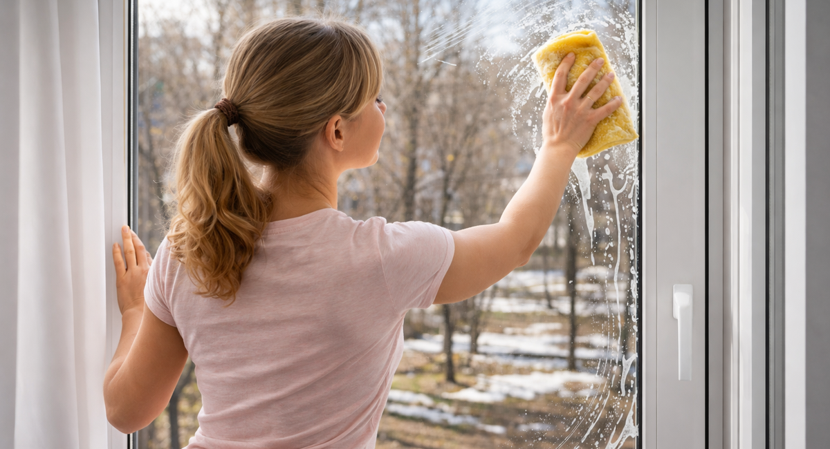 Окунаю губку в раствор весной — и пластиковые окна становятся прозрачными, как стекло: никаких разводов и серых рам