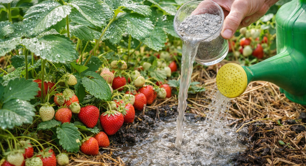 1 стакан на ведро воды — и поливаю клубнику после цветения: ягоды крупные, сладкие, даже в дождь не гниют
