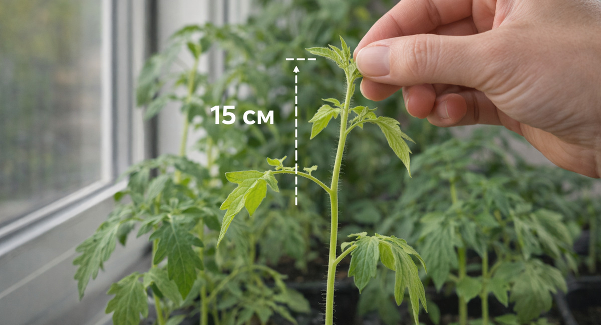 Как только рассада достигла 15 см — сразу: прищипываю точку роста — и кустики становятся пушистыми, коренастыми