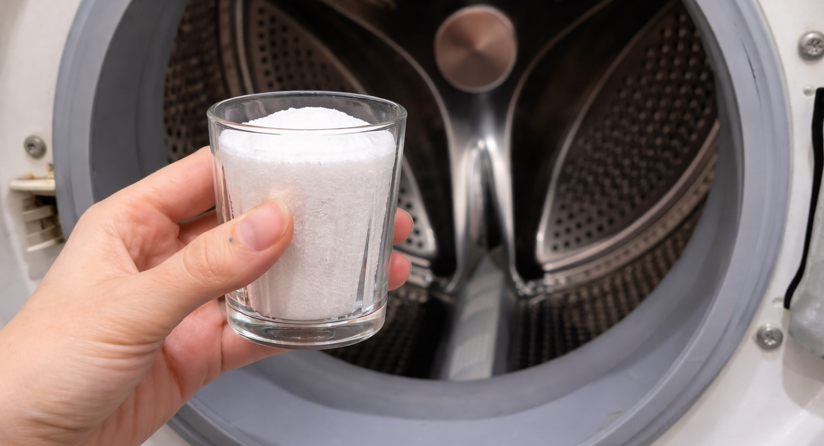 1 стакан в стиральную машину раз в месяц — и накипь на ТЭНе отпадает хлопьями, белье пахнет свежестью