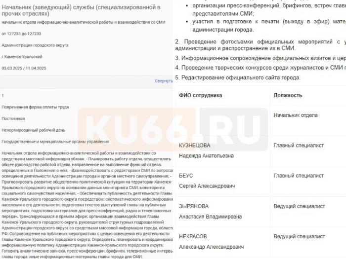 Администрация Каменска-Уральского ищет пресс-секретаря: требования к кандидату и условия работы | В администрации Каменска-Уральского открылась вакансия пресс-секретаря