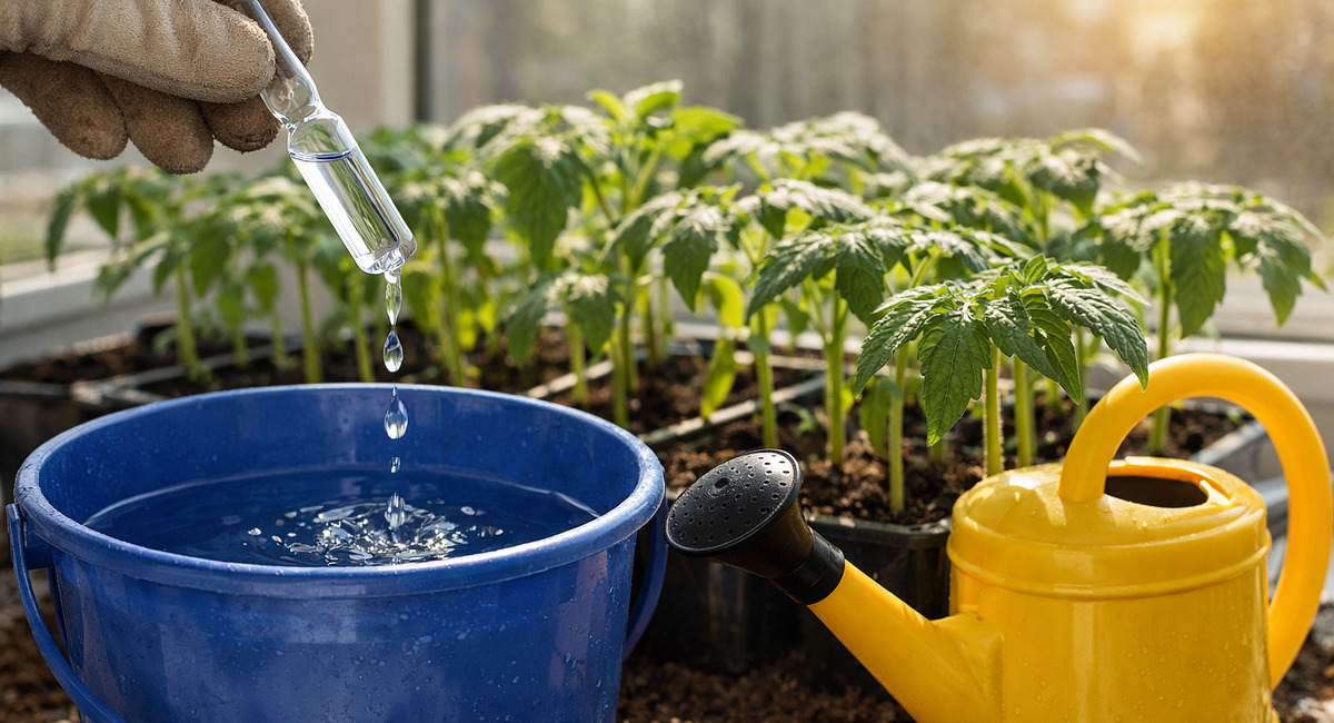 Развожу 1 ампулу в ведре воды и поливаю раз в 10 дней — и рассада не вытягивается даже в жару