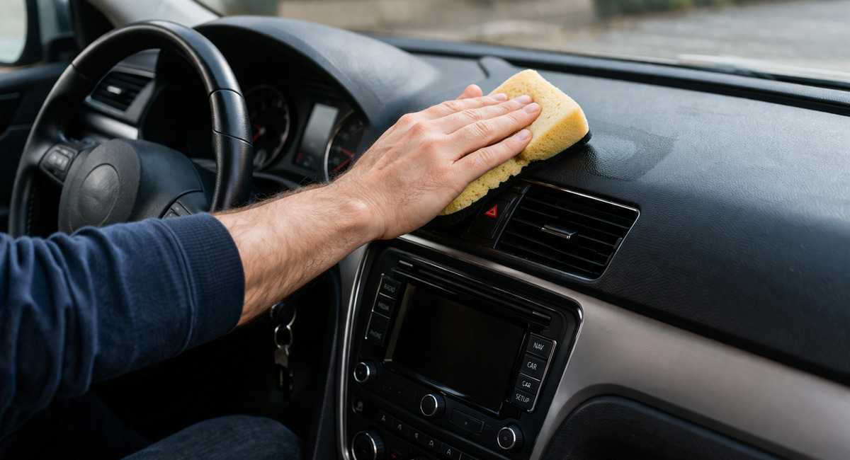 1 капля на губку — и черный пластик в салоне сияет как новый: даже выгоревшие панели темнеют за минуту