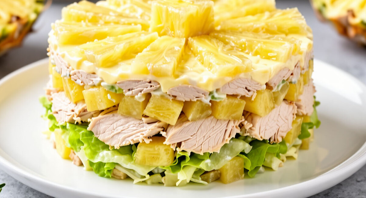 Салат "Нежность" с курицей и ананасом: слоеный, сочный, тает во рту — король любого застолья