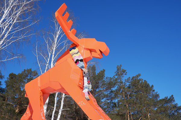 В Каменске-Уральском на памятник лосю одели пятиметровый вязанный шарф