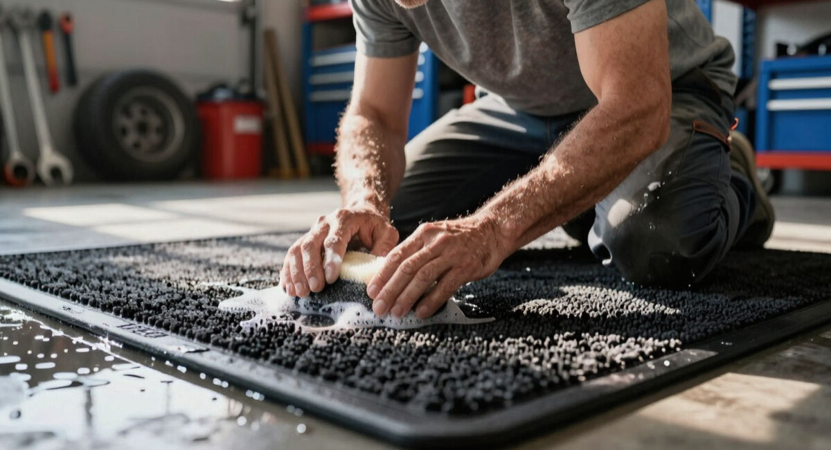 2 капли в ведро с водой — и коврики отмываются от любых пятен: даже въевшаяся соль и реагенты уходят без щетки