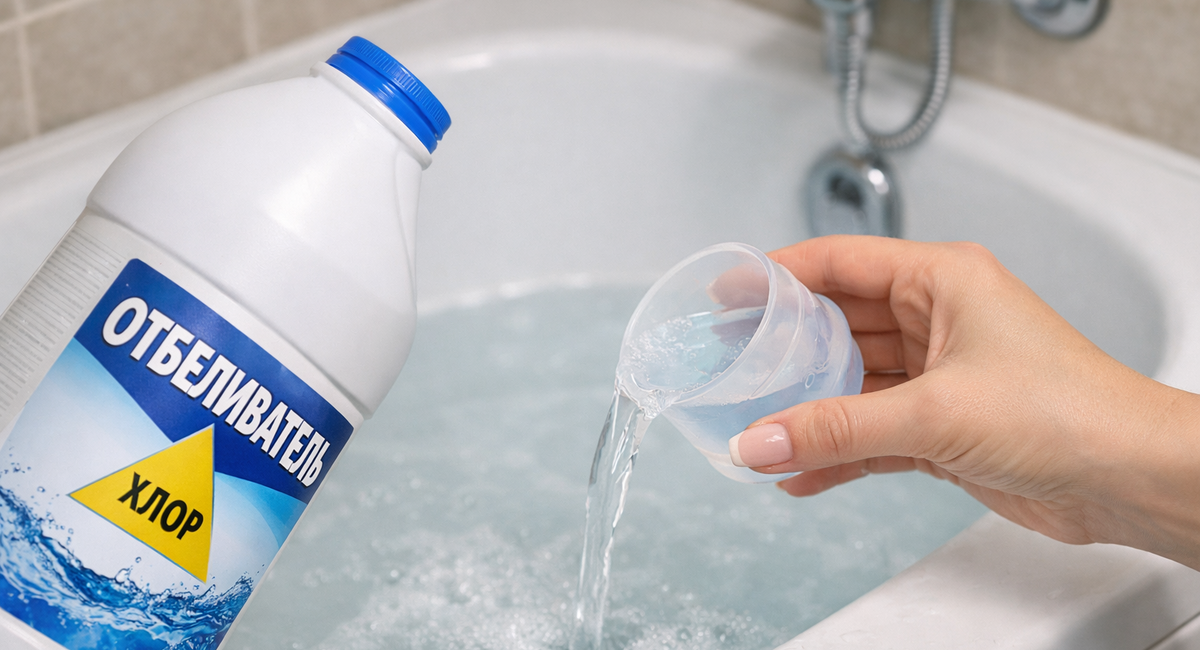 1 колпачок на 1/2 воды — и ванна станет белее первого снега: ни ржавчины, ни налета – сияет даже в темноте