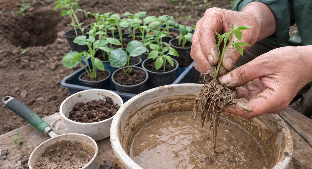 Окунаю корни при пикировке в глиняную болтушку с коровяком — и рассада не болеет даже в холодную погоду