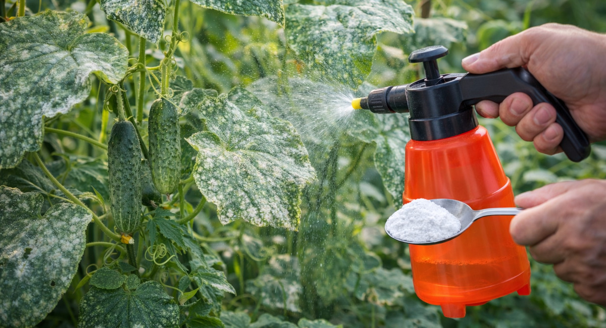 1 ст. ложка на опрыскиватель — и мучнистая роса сгорает на глазах: огурцы хрустят, как магазинные, только в 10 раз ароматнее