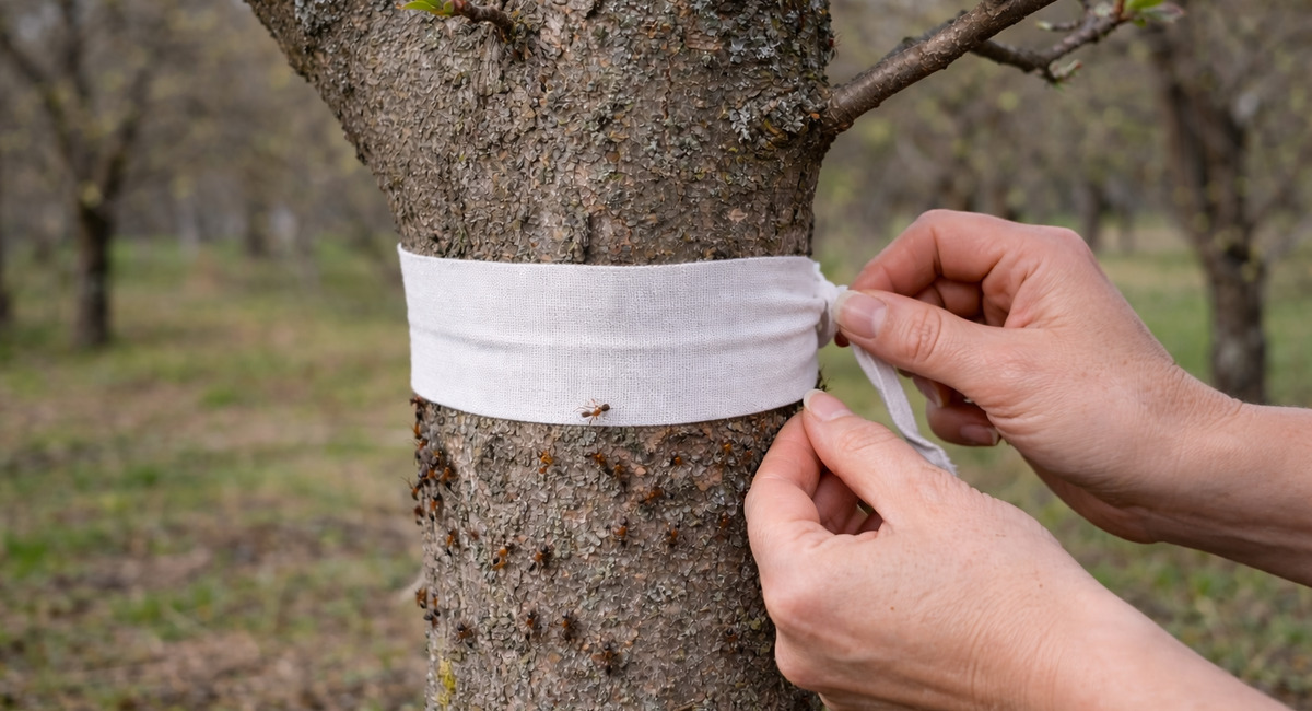 В апреле обвязываю стволы яблонь лентой — и муравьи с тлей уходят на соседний участок за 2 дня